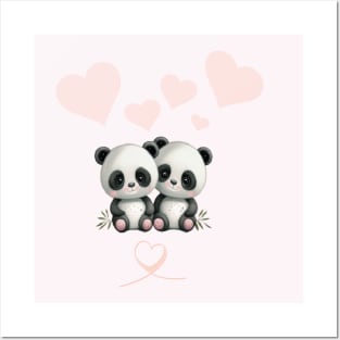 two cute panda graphics with mini eyes hearts pink Posters and Art